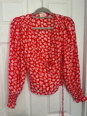Sezane Red Floral Wrap Blouse with Puff Sleeves